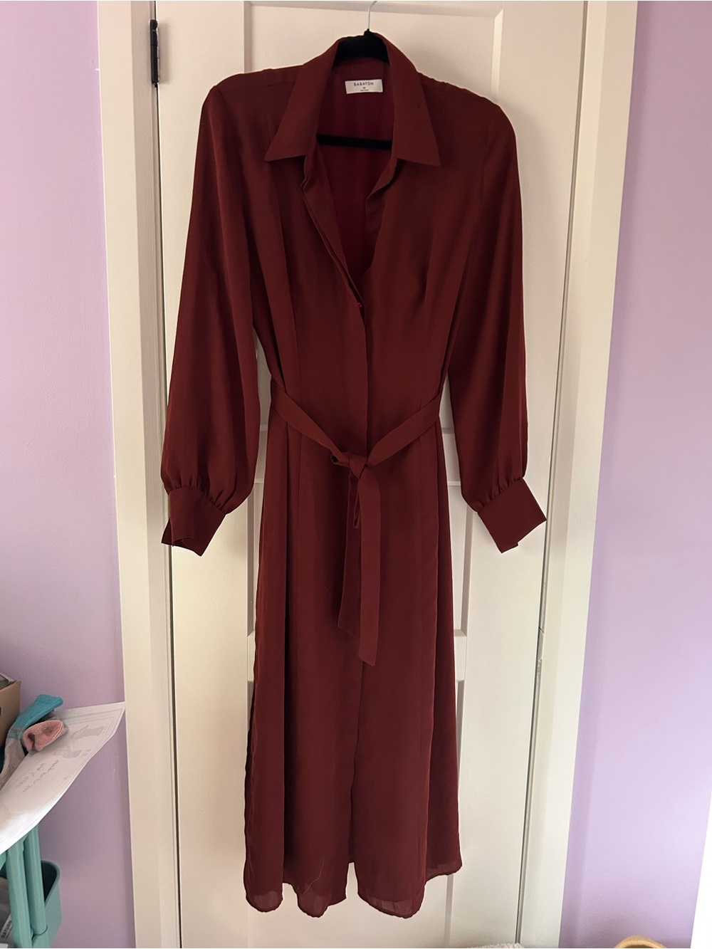 Babaton Rust-Brown Long Sleeve Shirt Dress with Self-Tie Waist